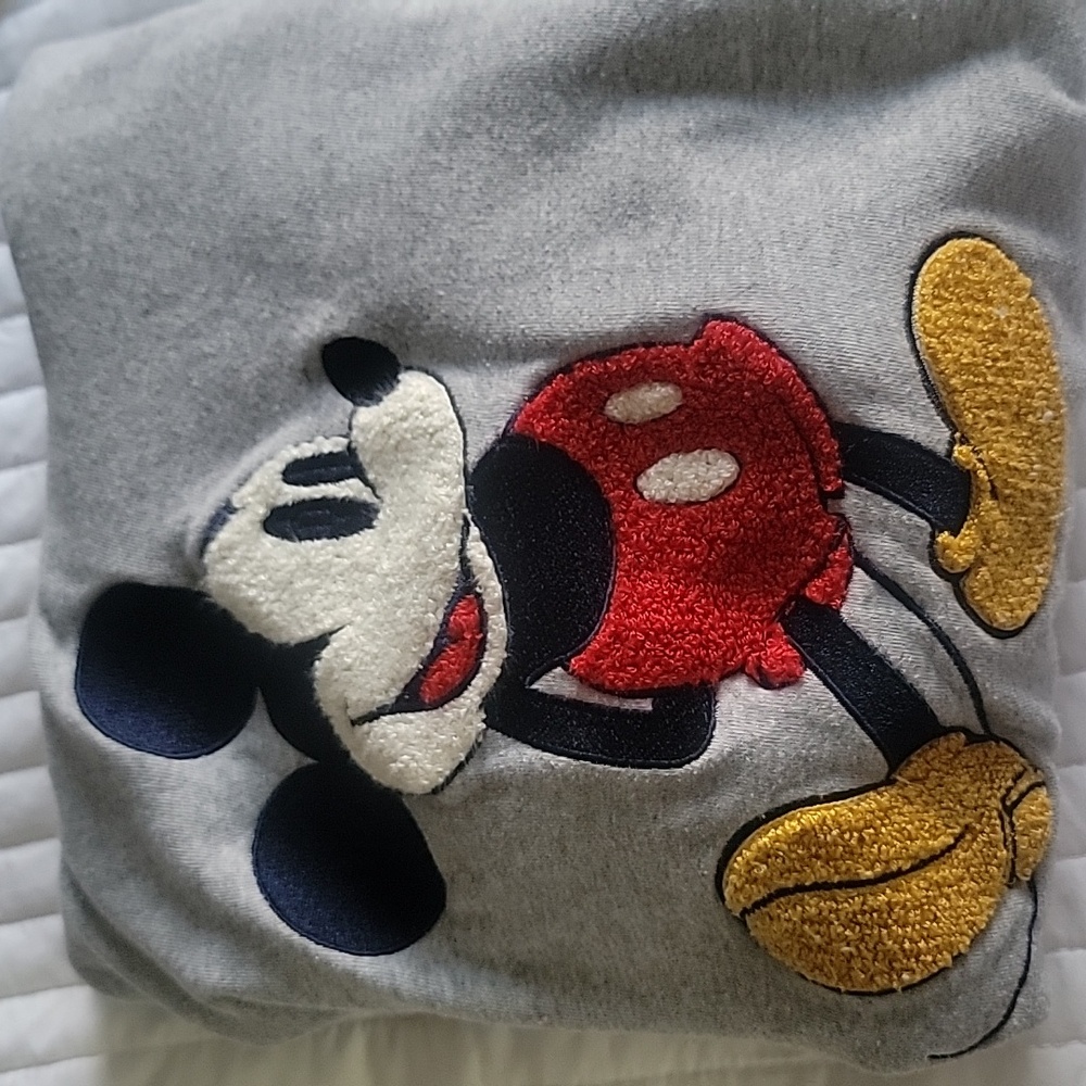 Disney chenille Mickey Mouse hoodie xl gray with blue and white strip cuffs EUC